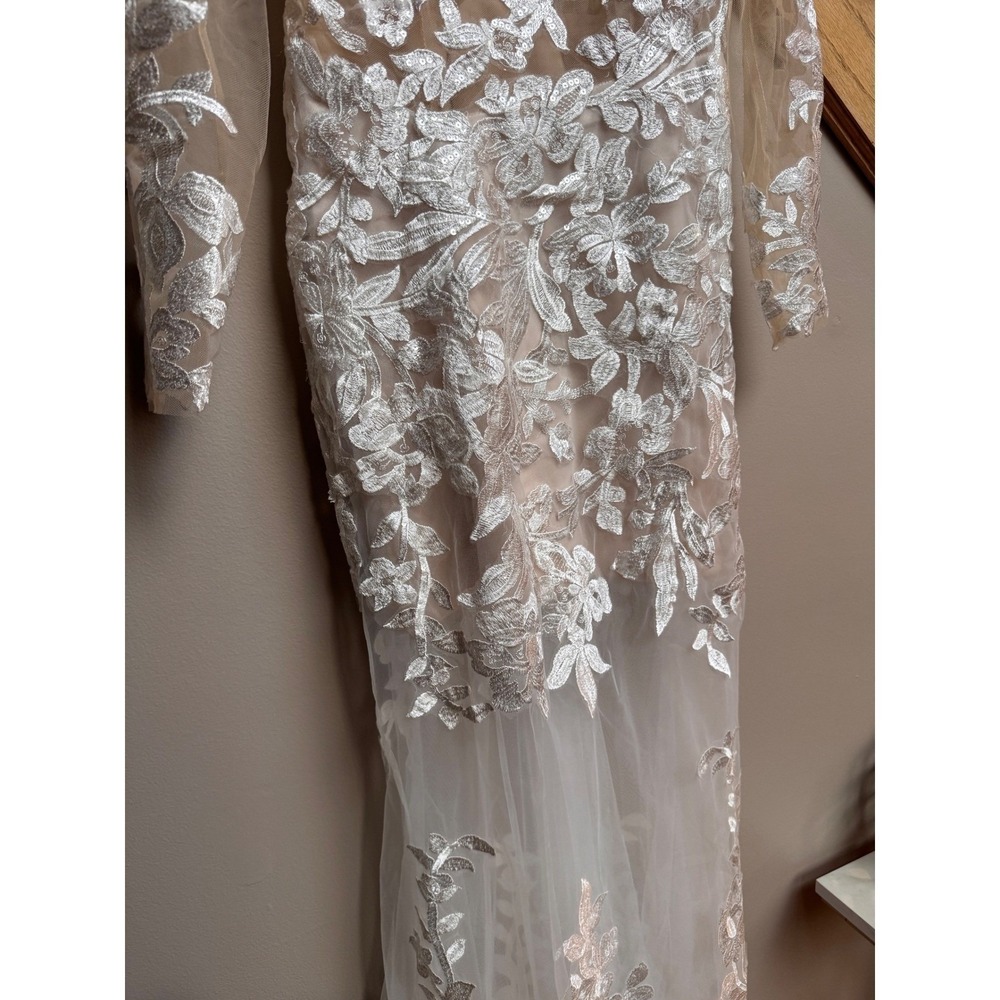 Wedding Bridal Gown White Dress XS/S Lace Floral Appliqué Sheer Long Sleeve - Picture 11 of 16